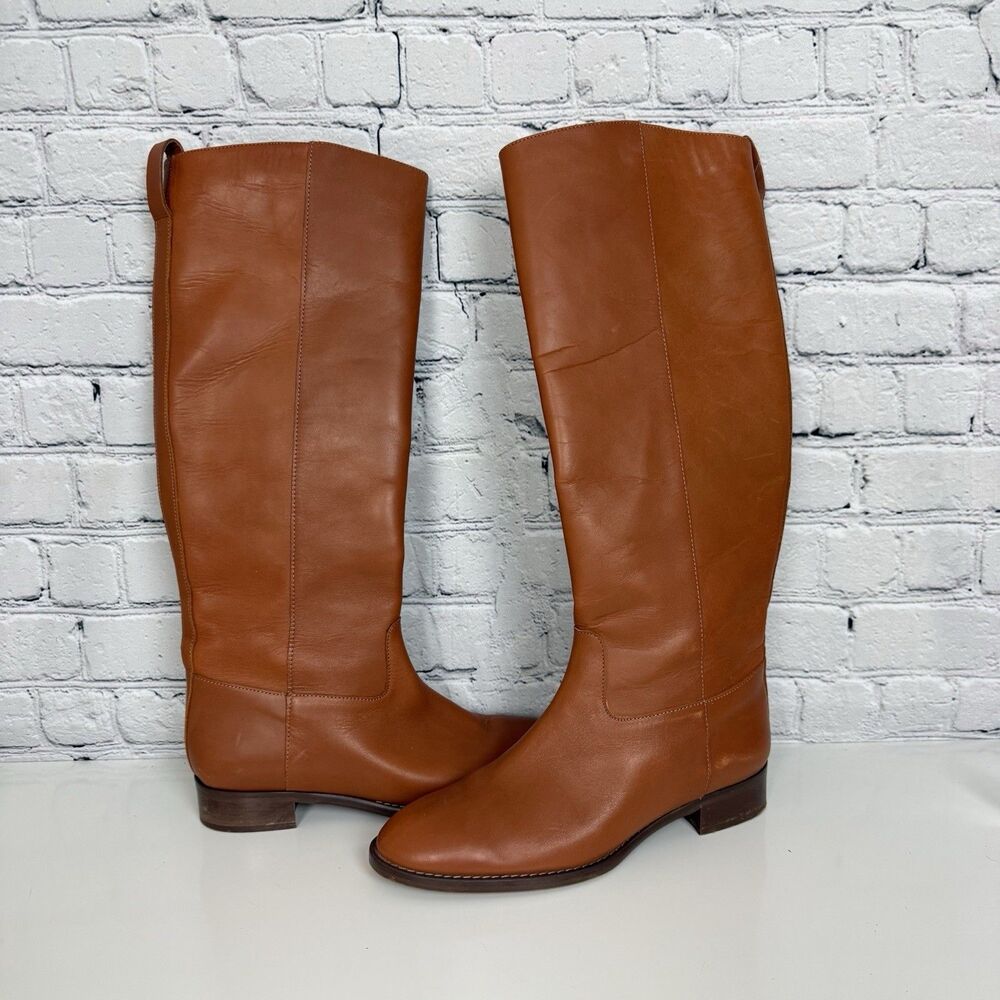 J Crew Leather Knee High Tall Riding Boot Womens Size 8 Cognac Brown Low Heel